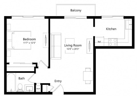 Floor plan for 1 bed, 1 bath, 612 sqft